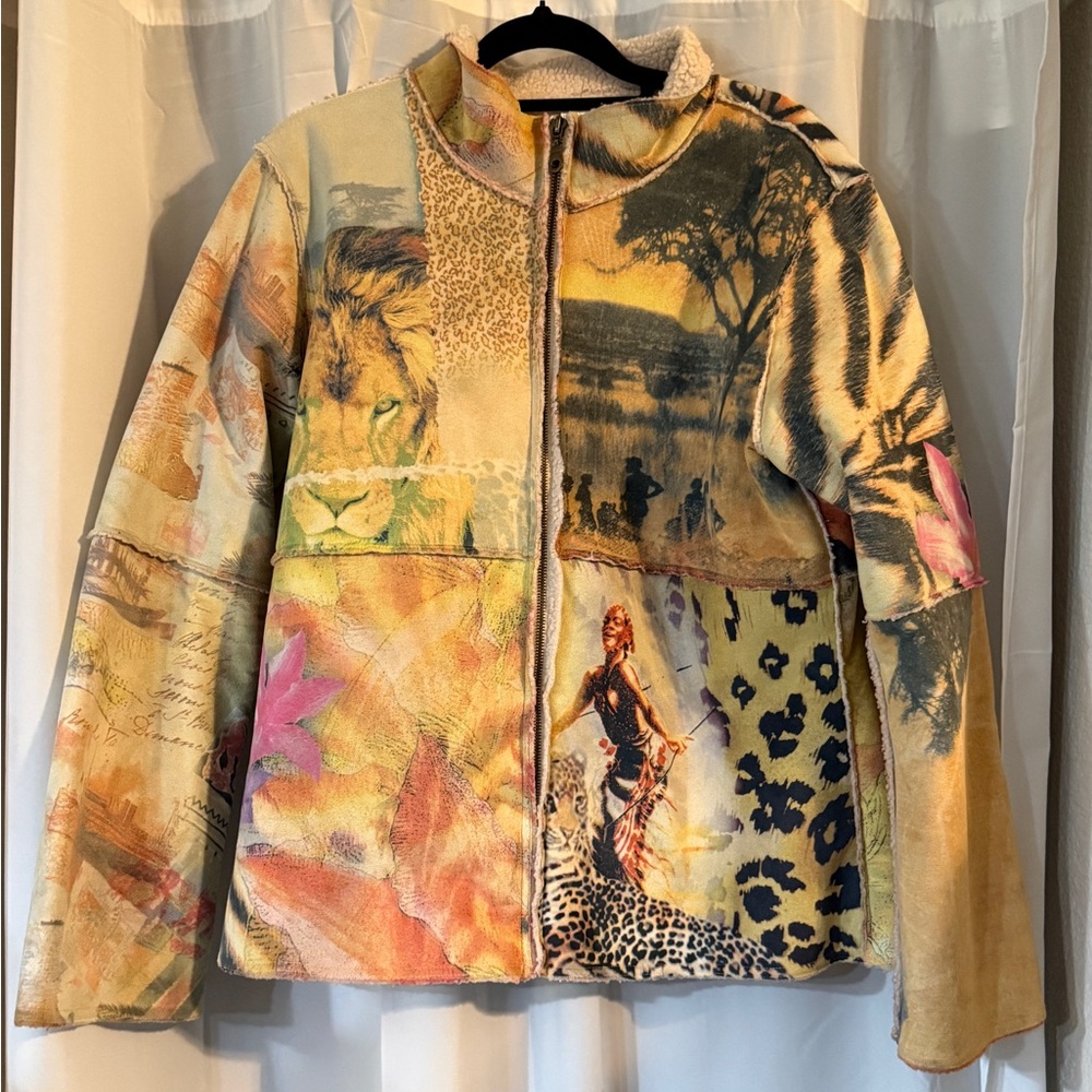 Vintage Alberto Makali Sherpa Lined Art Jacket Zip Front Multicolor S M - Picture 2 of 16